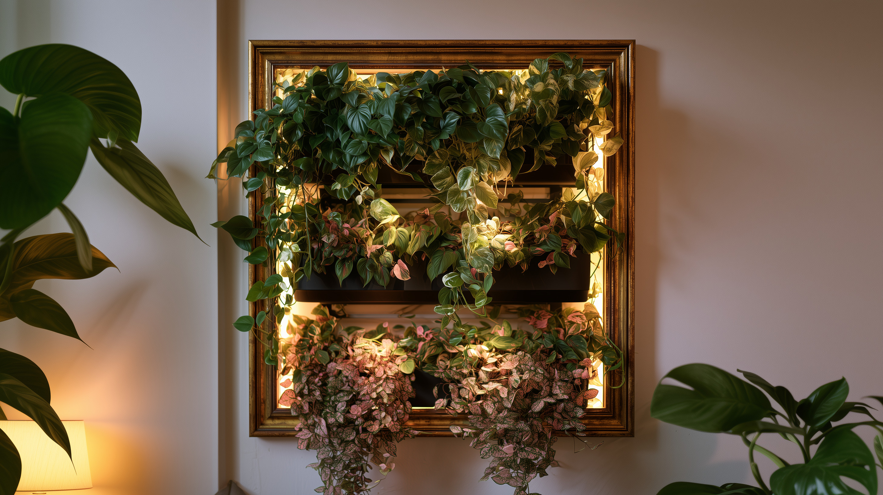 A framed living wall of plants mounted on an interior wall.
