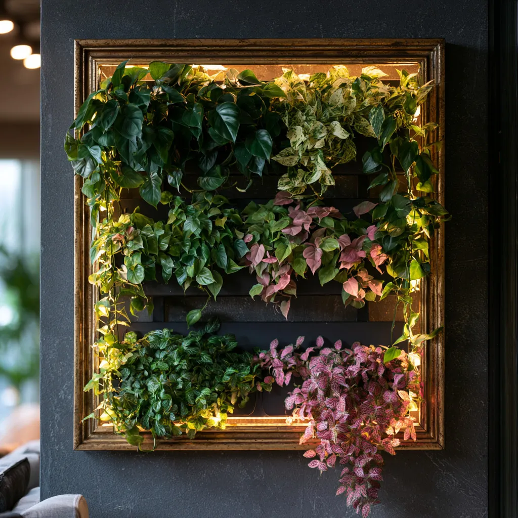 Rendering of a gilt-framed living wall on a dark wall, planted with pothos and pink-leaved plants.