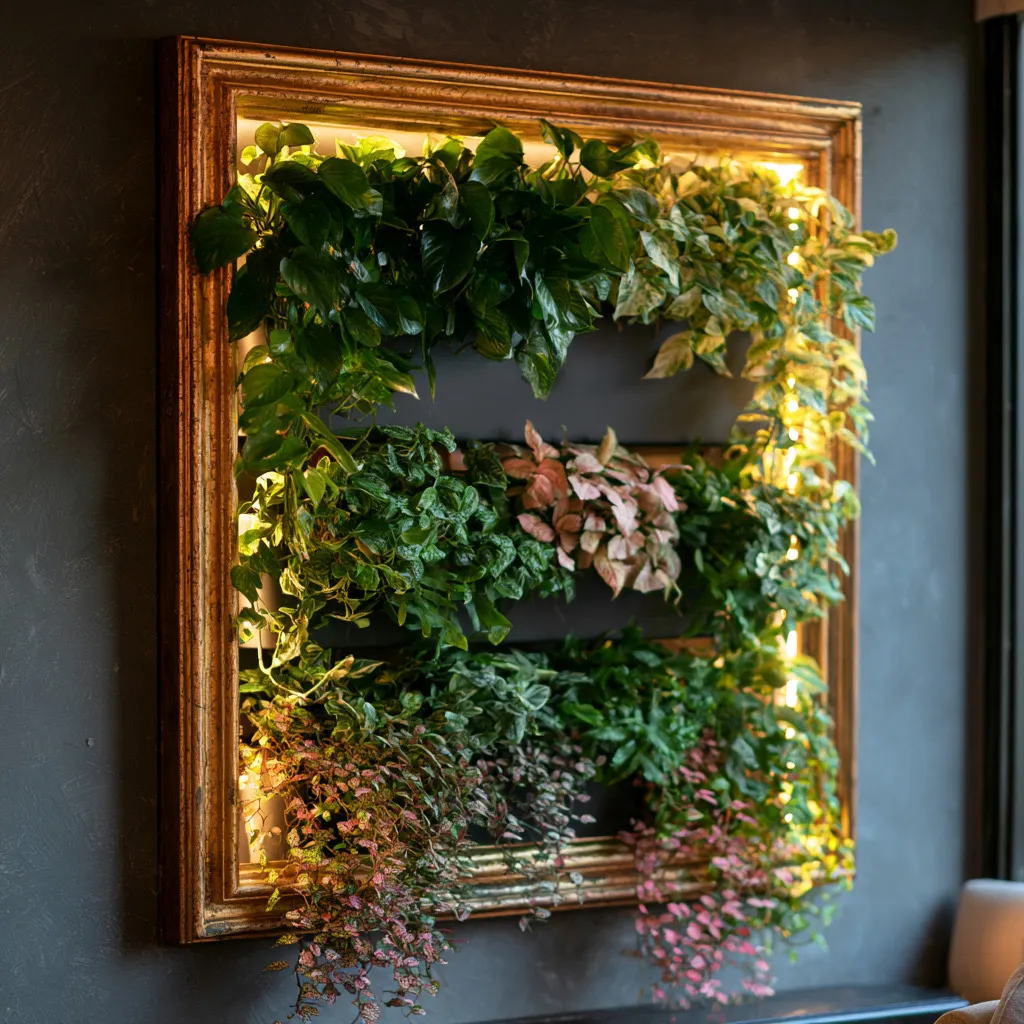 Rendering of the framed living wall seen at an angle, its backlight glowing around the edges.