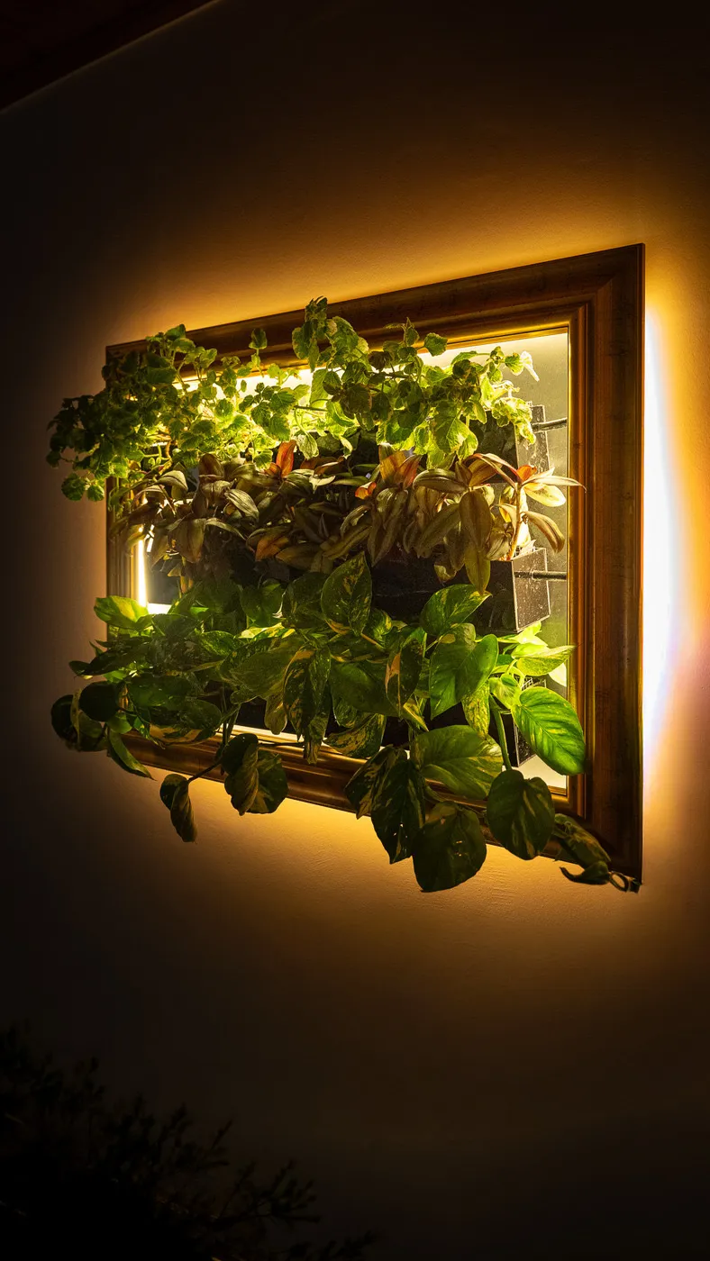 Sam in a dark room, a warm halo of light around the gold frame and the leaves lit from behind.
